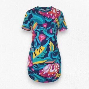 Trina Turk Retro Floral Mesh Crewneck Cinch Hem Swimsuit Cover Up Size Small